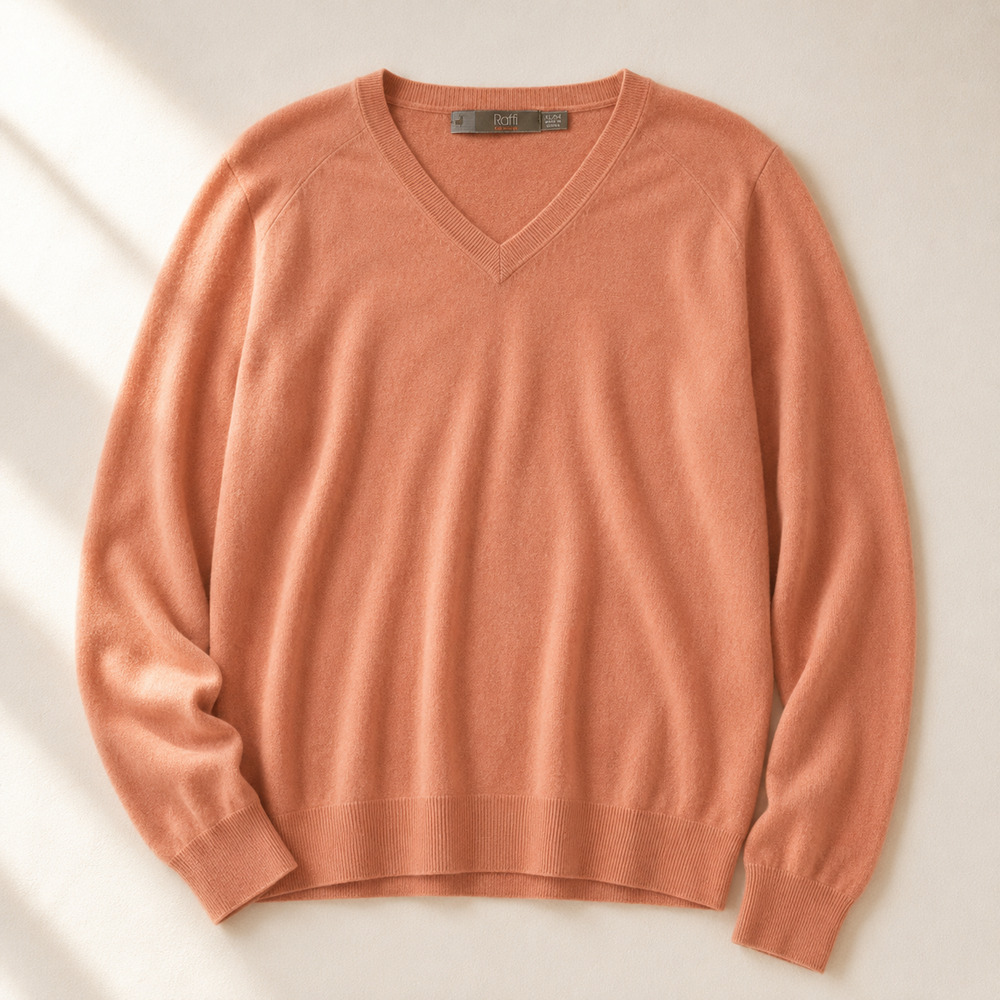 Raffi Mens XL 100% Cashmere Sweater Peach Salmon V Neck Luxury Knit Pullover
